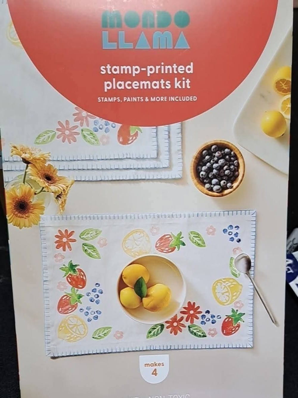 Mondo Llama White Stamp-Printed Placemats Kit with Colorful Fruit Prints